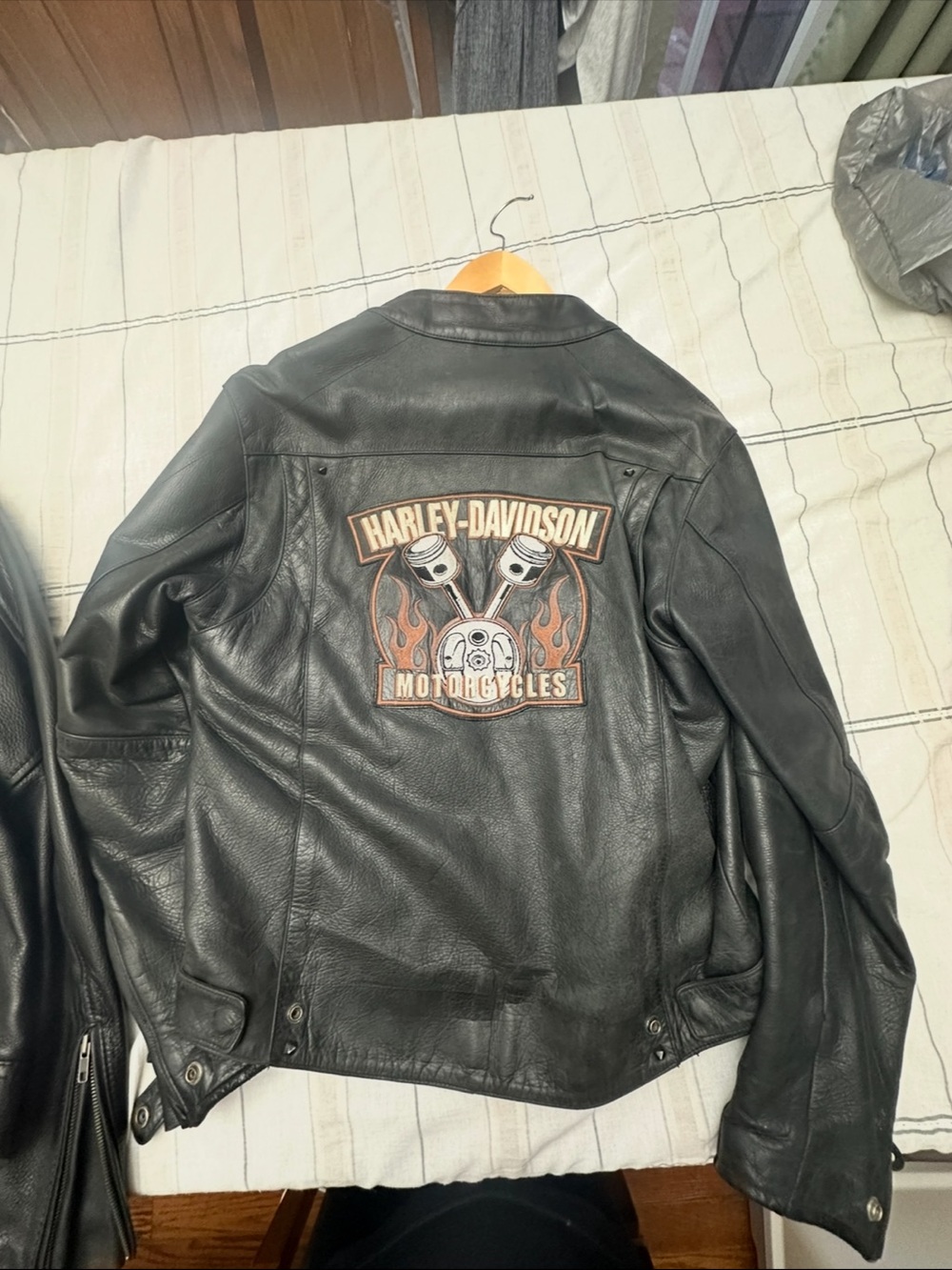 Harley-Davidson Black Leather Jacket with Orange Flame Patch